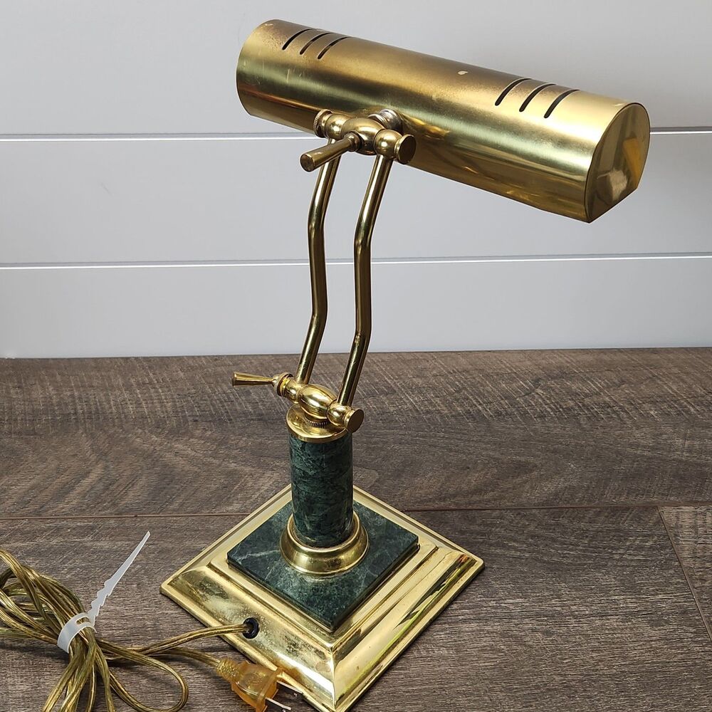 Vintage Bankers Desk Lamp Light Brass Green Marble Adjustable